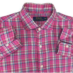 Polo Ralph Lauren Vintage Button Down Shirt Men's M 46" Pink Plaid Long Sleeve